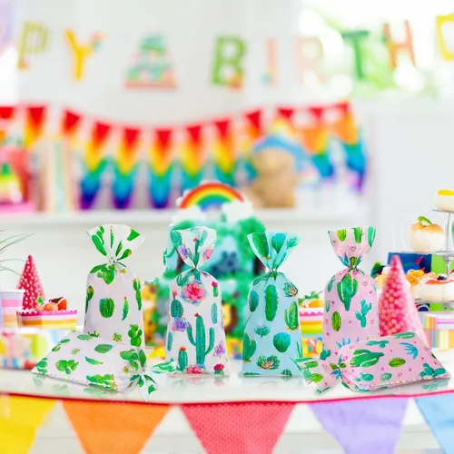 Miniatura 3 de Fulmoon 100 bolsas de caramelos de cactus florales con lazos, bolsas de celofán con lazos, regalos de fiesta, regalo de cactus, decoraciones