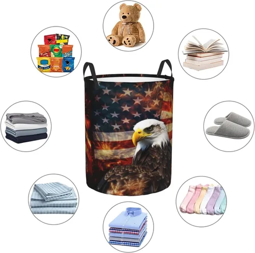Miniatura 6 de American Flag Fire Eagle print Circular Hamper Waterproof Storage Bin Organizer Basket Laundry Hamper With Handles For Clothes Toys Small