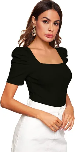 Miniatura 3 de WDIRARA - Camiseta elegante para mujer, con manga corta abombada y cuello cuadrado