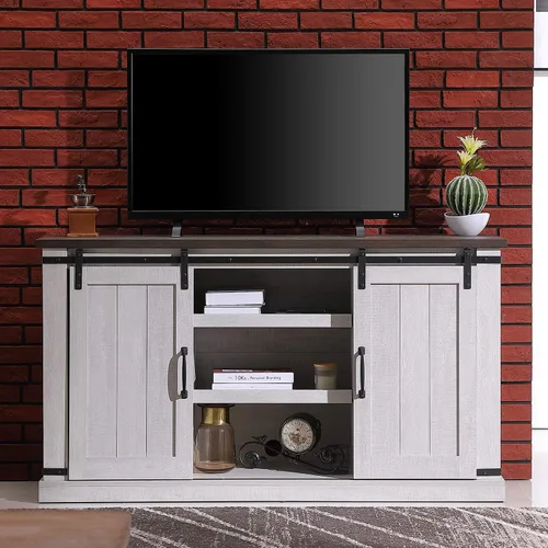 Miniatura 7 de Soporte de TV de madera moderno de granja blanco y gris para TV de 65 pulgadas, consola de TV rústica, mesa central de entretenimiento multimedia