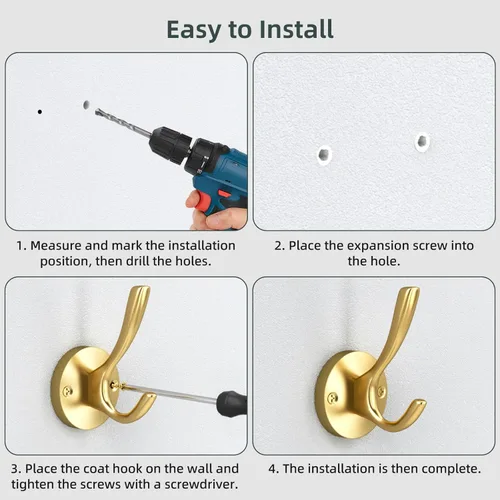 Miniatura 8 de Paquete de 4 ganchos dorados para toallas, ganchos de pared dorados cepillados, ganchos de metal resistentes para colgar abrigos y sombreros, gancho