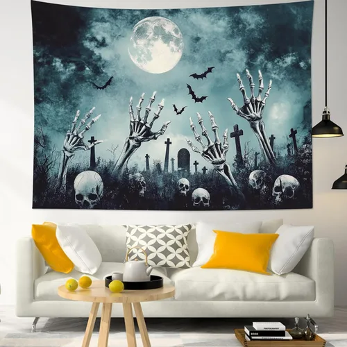 Miniatura 38 de HVEST Tapiz de Halloween de luna llena, lápida de cuervo negro, árbol muerto, tapiz para dormitorio, cementerio gris aterrador, bosque, decoración