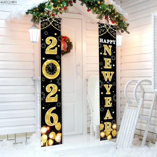 Miniatura 4 de KatchOn XtraLarge Pancarta de Feliz Año Nuevo 2026 – 72 x 12 pulgadas Pancarta de puerta de Feliz Año Nuevo negra y dorada para decoraciones