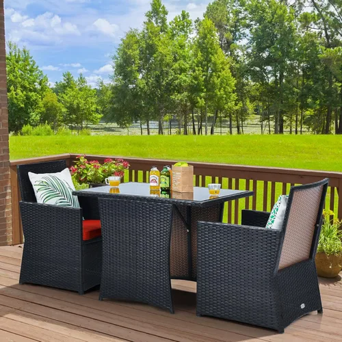 Miniatura 3 de HAPPYGRILL Juego de muebles de patio de 3 piezas, juego de mimbre de ratán PE para exteriores, con cojines lavables y mesa de vidrio templado
