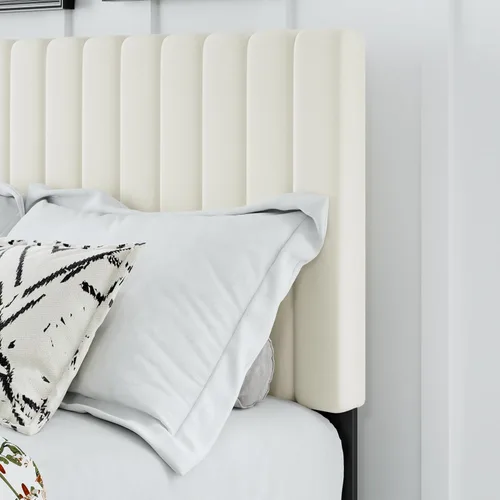 Miniatura 4 de Marco de cama tamaño completo, cama de plataforma tapizada en terciopelo con cabecera acolchada ajustable, marco resistente y listones, sin ruido