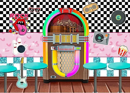 Miniatura 5 de Volver a los años 50 Sock Hop fotografía telón de fondo de vinilo de 7 x 5 pies para fiestas de rock roll de los años 50, decoraciones de soda