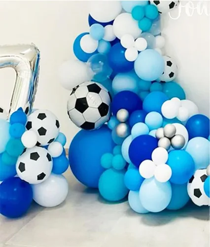 Miniatura 5 de Kit de arco de globos de fútbol con globos de papel de aluminio de fútbol 4D, globos de látex azul real, blanco, plateado metálico para baby shower