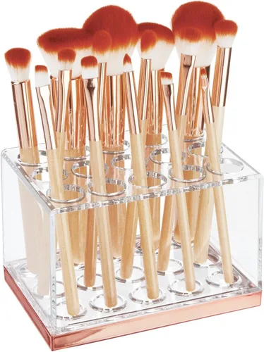 Miniatura 6 de mDesign Organizador de almacenamiento de brochas de maquillaje de plástico con 15 ranuras para encimera de baño, tocador para sostener lápices