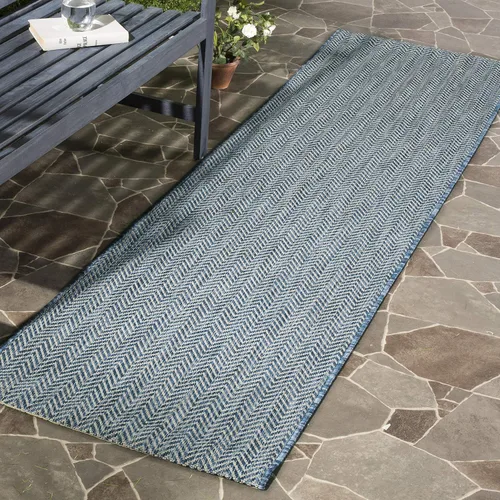 SAFAVIEH Alfombra Lavable para Exteriores Colección Courtyard - Pasillo de 2'3" x 6'7", Azul Marino y Gris, No Desprende Pelusa y Fácil Limpieza,