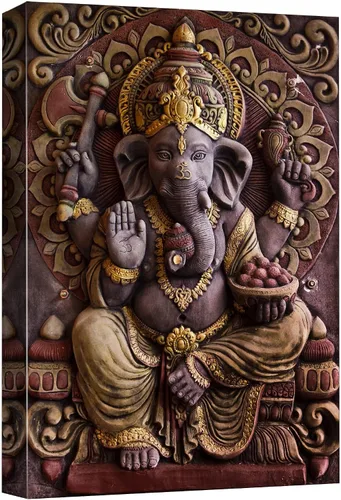 wall26 Lienzo impreso para pared, escultura de Dios hindú Ganesha, fotografía cultural espiritual y religiosa, primer plano tradicional, multicolor,