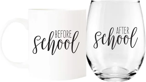 Canopy Street Set de regalo de taza de café y taza de vino sin tallo, agradecimiento al profesor, proveedor de guardería con texto en inglés "Thank