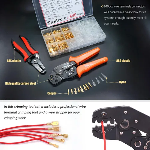 Miniatura 4 de Twidec/640 piezas 2.8/4.8/6.3mm Conectores de Terminal de Pala de Alambre Macho y Hembra de Empalme Rápido Kit Dorado con Alicates de Prensado
