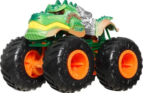 Miniatura 4 de Hot Wheels Autos de juguete y camiones monstruo, Tiburones vs. Dinosaurios paquete múltiple con 2 grandes plataformas, 2 camiones monstruo a escala