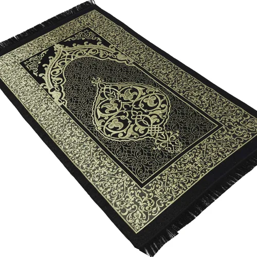 Miniatura 6 de Modefa Alfombra de oración islámica fina tejida de felpilla y tafetán turca Sajada diseño intrincado metálico (negro + azul)
