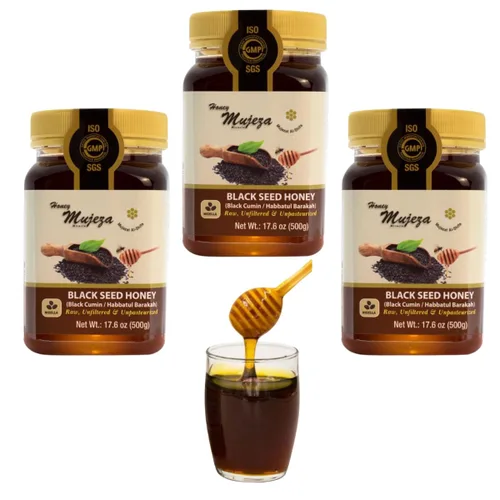 Mujezat Al-Shifa - Paquete de 3 Miel de Semilla Negra - No Mezclada con Aceite o Polvo - Sin Gluten - Sin OGM - Miel Orgánica - Potenciador Inmune -