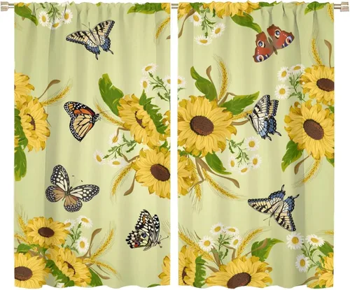 Miniatura 26 de Cortinas opacas de girasol, diseño natural, de granja, floral, con bolsillo para barra, para ventana, para dormitorio, sala de estar, 42 x 45