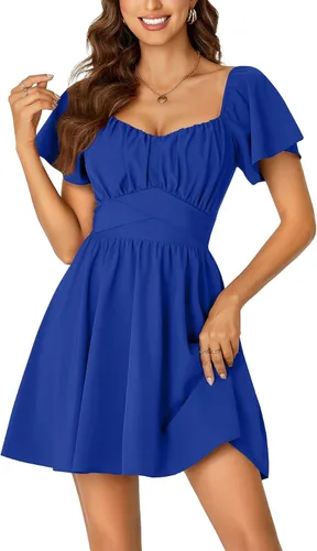 Miniatura 21 de Rooscier Minivestido acampanado de manga corta con volantes, cuello cuadrado, envolvente y espalda anudada para mujer