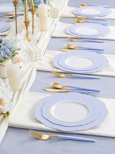 Miniatura 6 de WDF - 60 platos de plástico azul desechables con borde dorado - Platos de fiesta de plástico azul bebé barroco para boda/fiesta/baby shower