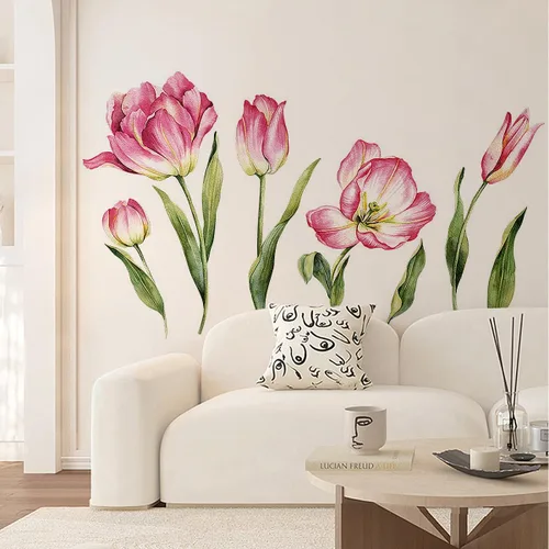 Miniatura 6 de 2 hojas de calcomanías de pared de flores rosas grandes, tulipán, flores, flores, jardín, hojas verdes, plantas, vinilo, bricolaje, decoración