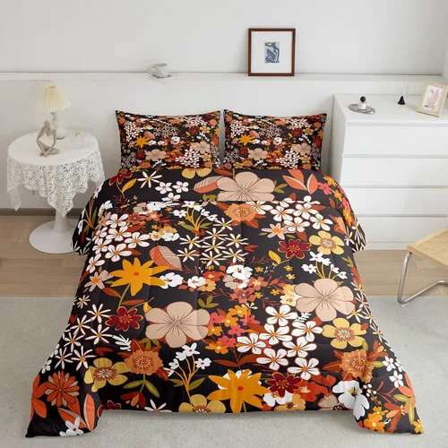 Miniatura 26 de Juego de ropa de cama con estampado floral bohemio, tamaño individual, diseño retro de flores groovy, 60S y 70S, juego de edredón de flores hippie