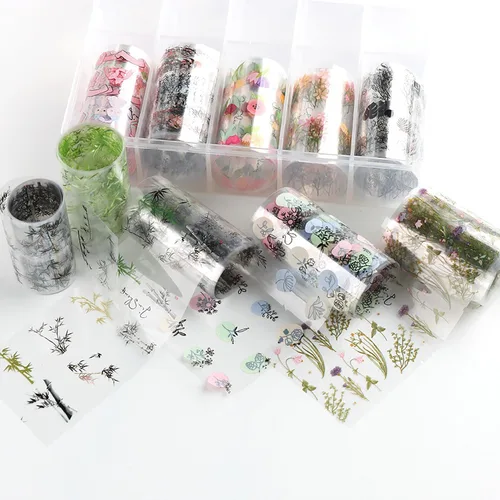 Miniatura 5 de Kit de 10 rollos de calcomanías de transferencia de papel de aluminio para uñas, diseño de pintura de tinta de bambú, láminas de papel de aluminio