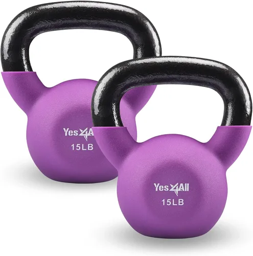 Miniatura 11 de Yes4All Pesas rusas, pesas rusas de hierro fundido recubiertas de neopreno de 5-65 LB, asa de agarre ancho y fondo plano para balanceos, B. 10