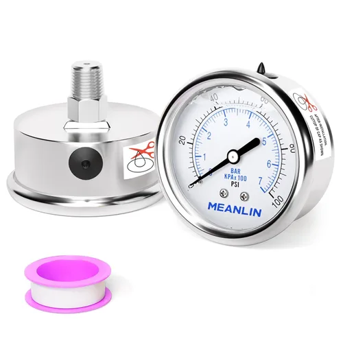 Miniatura 36 de MEANLIN MEASURE Medidor de presión de acero inoxidable relleno de líquido de 0 ~ 100 psi con junta de acero inoxidable 316, esfera de cara NPT