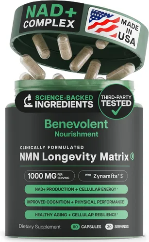 Miniatura 10 de Benevolent NAD+ Suplemento de 1050 mg, absorción máxima 3 en 1 NAD suplementos para mujeres y hombres con ribósido de nicotinamida