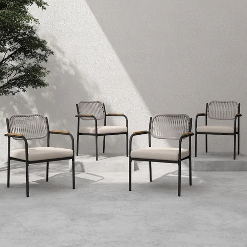 Miniatura 11 de Juego de 2 sillas de comedor para exteriores, sillas de comedor de mimbre para patio con cojines extraíbles, silla de mesa rectangular para patio
