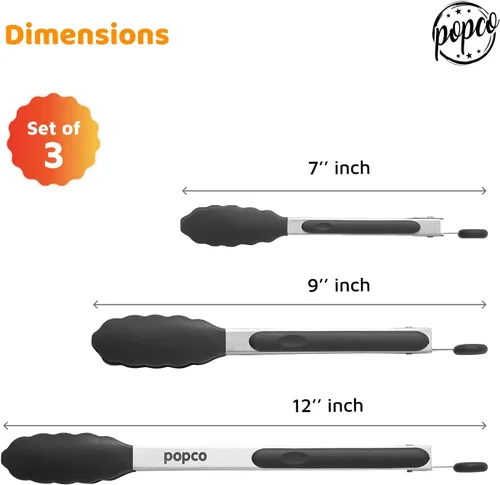 Miniatura 3 de Popco Juego de pinzas de cocina de 3 piezas, puntas de silicona resistentes al calor, agarre fuerte y cómodo, 3 tamaños (7, 9, 12 pulgadas)