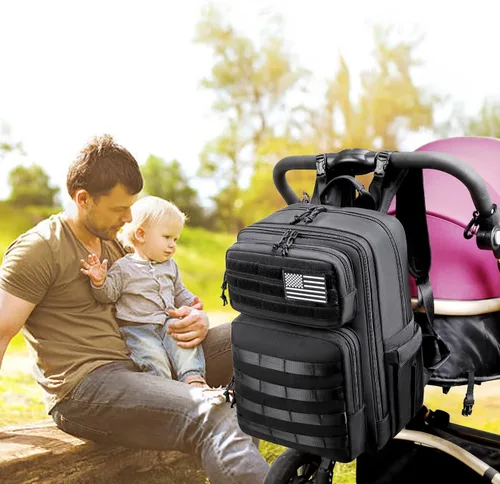 Miniatura 2 de LORADI Bolsa de pañales para papá con bolsillos aislados, clips para cochecito y funda de equipaje para viajes, bolsa táctica grande para pañales