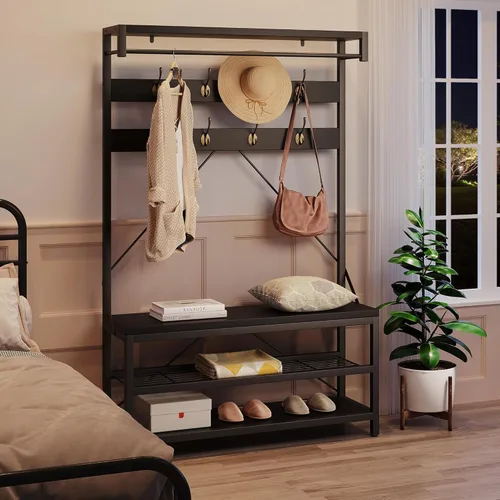 Miniatura 3 de IDEALHOUSE Perchero Banco para Zapatos Árbol de Entrada Industrial Banco de Almacenamiento para Entrada, Aspecto de Madera Acento Estante Grande