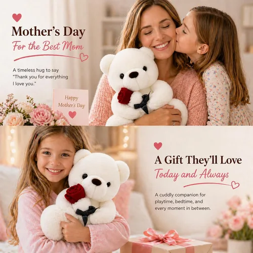 Miniatura 4 de Oso de Peluche Relleno Animal de Peluche Oso de Peluche con Rosa, Lindo Oso Dulce Gran Regalo para tu Ser Querido, Novia Niños Cumpleaños, San Blanco