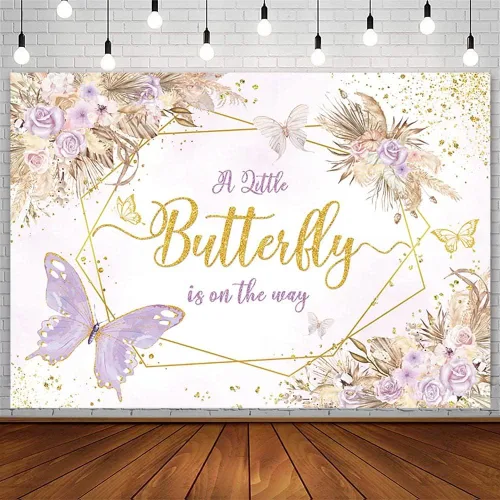 Miniatura 8 de AIBIIN Telón de fondo bohemio de mariposa para baby shower, de 7 x 5 pies, con texto en inglés "A Little Butterfly is on the Way", fondo de Azul