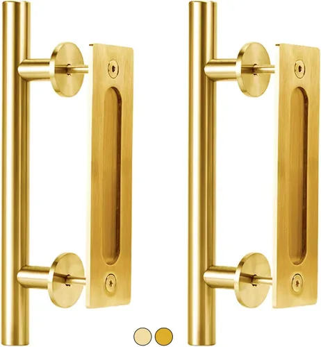 Miniatura 12 de Rio Salto Kit de manijas de puerta de granero dorado de latón cepillado de 12 pulgadas, manija de puerta de armario, manija de aluminio sólido