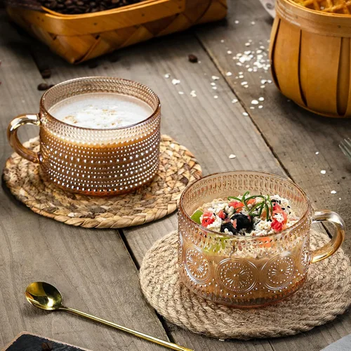 Miniatura 2 de Gezzeny Tazas de café vintage de 14 onzas, juego de 2 tazas de té de vidrio en relieve ámbar para capuchino, café con leche, cereales, yogur