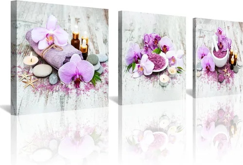 Miniatura 20 de NAN Wind 3 piezas de arte de pared de orquídea azul, piedras de spa zen, impresión en lienzo, gotitas de agua, naturaleza muerta, botánica