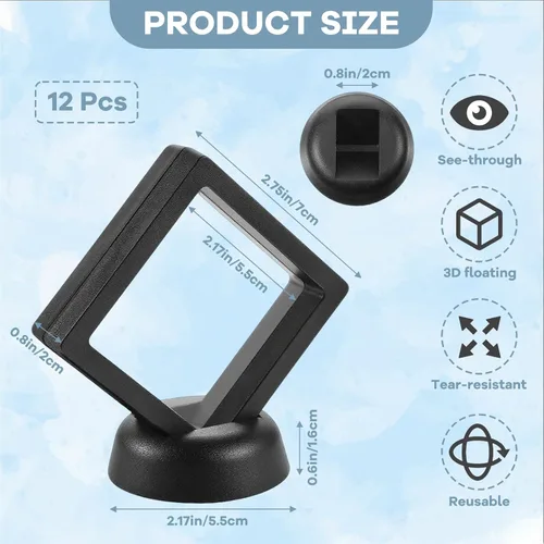 Miniatura 2 de 12 piezas de vitrina flotante 3D de 2.7 pulgadas, color negro, caja de almacenamiento de joyería de película transparente, soporte de marco