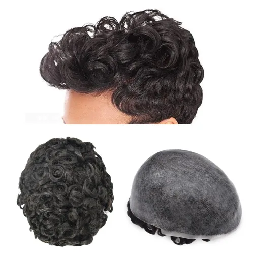 Miniatura 17 de LYRICAL HAIR Afro Toupee para hombres negros, sistemas de reemplazo de cabello humano afro ondulado de 0.236 pulgadas, inyección de poliuretano