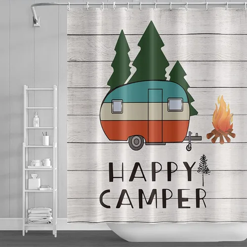 Miniatura 21 de Cortina de ducha Happy Camper de 48 x 72 pulgadas, diseño de caricaturas, remolque, hoguera, aventura al aire libre, cortina de baño para decoración