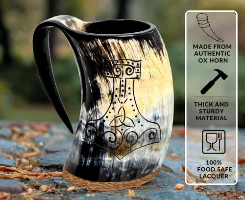 Miniatura 5 de Taza de cuerno de buey vikingo, 16–20 oz (Worthy Mjolnir) Taza de cuerno de buey y stein de café Elegante y hecha a mano para hombres y mujeres