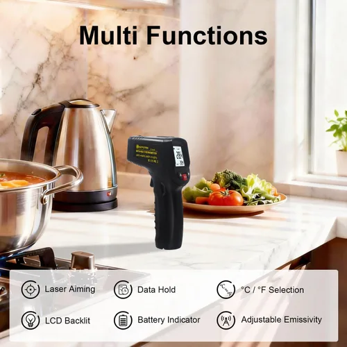 Miniatura 2 de KETOTEK Termómetro infrarrojo sin contacto IR pistola de temperatura láser digital -50℃～600℃ (-58℉～1112℉) Termómetro de emisividad ajustable