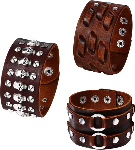 Miniatura 9 de OIDEA Assorted 3pcs Mens Punk Multistrand Leather Braided Bangle Cuff Bracelet for Biker Dad Father Size Adjustable