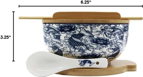 Miniatura 8 de XWORLD Juego de cuencos de cerámica japonesa para fideos ramen con cuchara de cerámica, palillos de bambú, tapa y salvamanteles, capacidad
