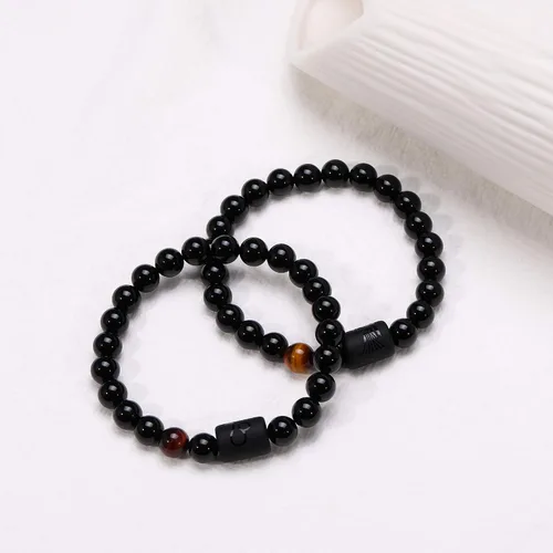 Miniatura 4 de Jade cabbage Pulsera del zodiaco para pareja de 0.315in 0.394in, pulsera de cuentas de piedra de ónix negro natural para hombres y mujeres, signo