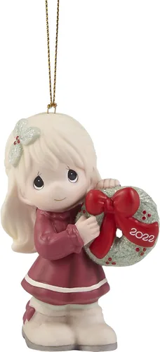 Precious Moments 221002 May Your Christmas Wishes Come True 2022 Adorno de porcelana con fecha de bisque para niña