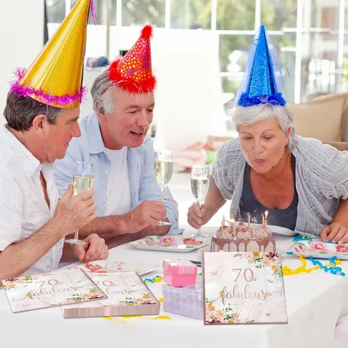 Miniatura 3 de Decoraciones de cumpleaños número 70 para mujer, 40 servilletas de papel falulous de color oro rosa, suministros de fiesta de cumpleaños