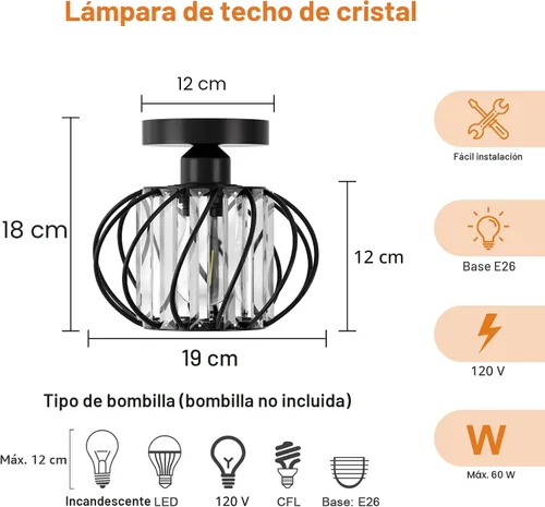 Miniatura 6 de FRIDEKO HOME Paquete de 2 Luces de Techo Semi Empotradas - Pequeña Lámpara de Araña de Cristal para Pasillo con Jaula de Metal Negro, Accesorio