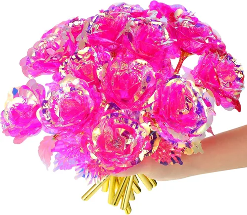 Miniatura 8 de Lyrow 12 rosas de galaxia con tallos, regalo para ella, rosa de cristal falsa preservada para siempre, 24 quilates, para decoración de cumpleaños