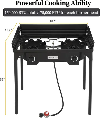 Miniatura 5 de Bonnlo - Estufa portátil de propano de 2 quemadores para exteriores, estufa de gas de 150.000 BTU con parabrisas y bolsa de transporte, quemador